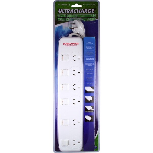 Ultracharge 6-Socket Surge Protector Power Strip Board w/Individual Switches WHT