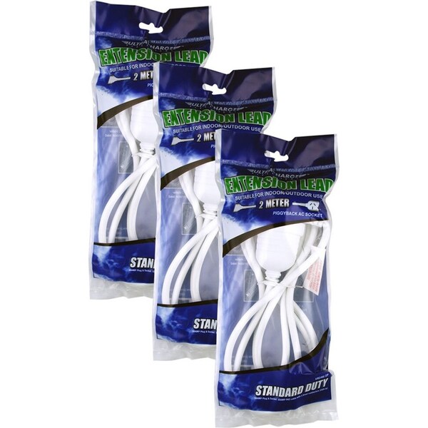 3x Ultracharge 2m Cord Extension Power 10A Lead AU/NZ Cable w/Piggy Back Plug WH