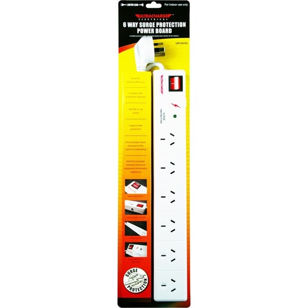 Ultracharge 6-Socket Surge Protection Power Strip Board 1m Cord Extension White