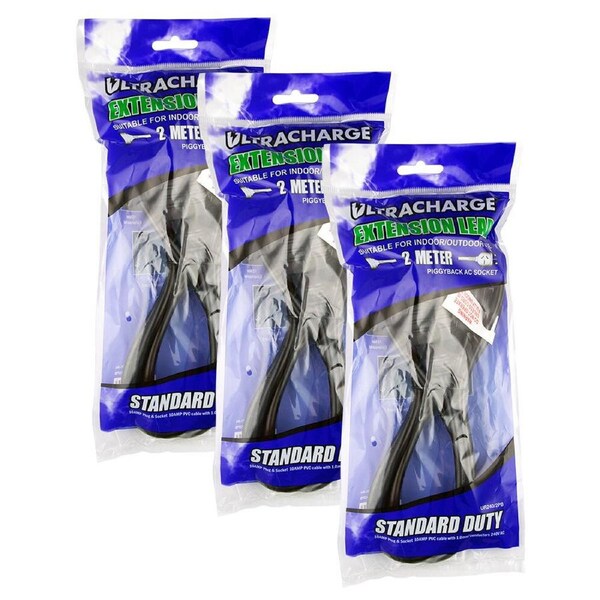 3x Ultracharge 2m Cord Extension Power 10A Lead AU/NZ Cable w/Piggy Back Plug BK