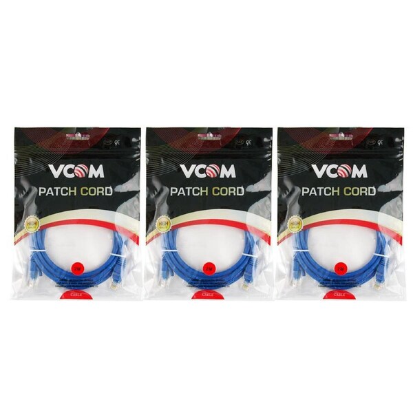 3x V-Com 2m Cord UTP Cat5E Ethernet Cable 10/100Mbps LAN RJ45 Connector Blue