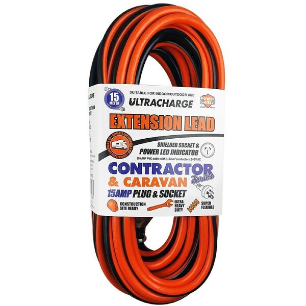 Ultracharge 15m Extension Lead Cable 15A 240V Heavy Duty Cord Plug/Socket Red