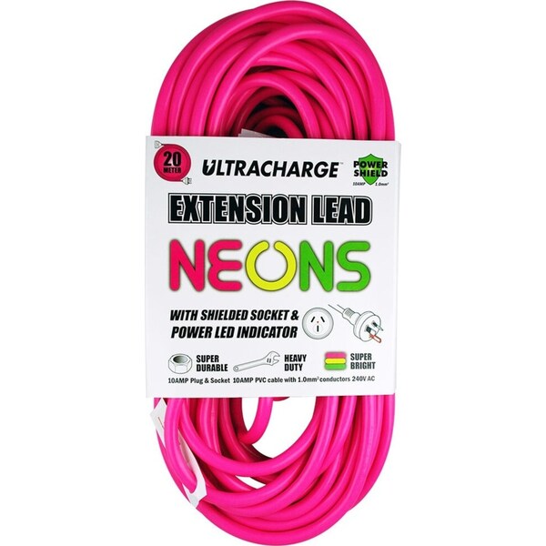 Ultracharge Neons 20m Extension Lead Cable 10A Heavy Duty Cord Plug/Socket Asst.
