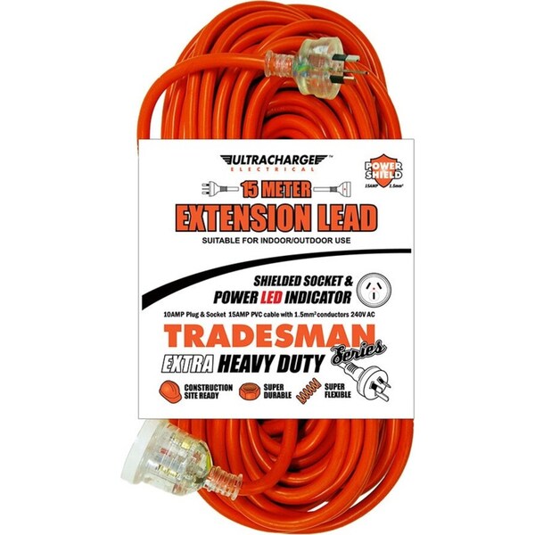 Ultracharge 15m Extension Lead Cable 10A Extra Heavy Duty Cord Plug/Socket Red