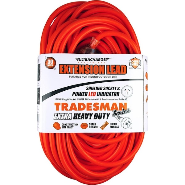 Ultracharge 30m Extension Lead Cable 10A Extra Heavy Duty Cord Plug/Socket Red