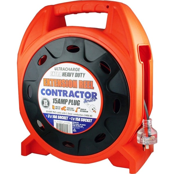 Ultracharge 15m Contractor Extension Reel Heavy Duty 15A Electric Cable Orange