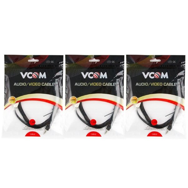 3x V-Com 1.8m AUX Cable 3.5mm Stereo Jack Male to 2RCA M Audio Connector Cord BK