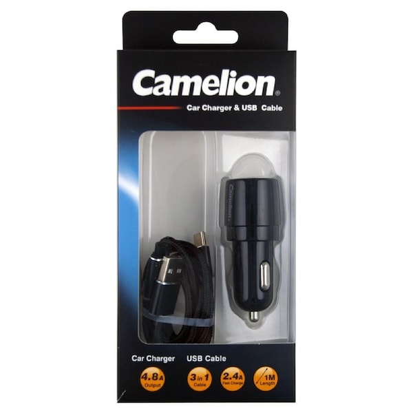 Camelion 4.8A USB Car Charger/3-in-1 Micro/Type-C/8 Pin Cable f/ Smartphones