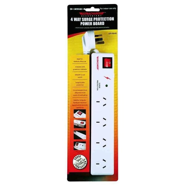 Ultracharge 4-Socket Surge Protection Power Strip Board 1m Cord Extension Outlet