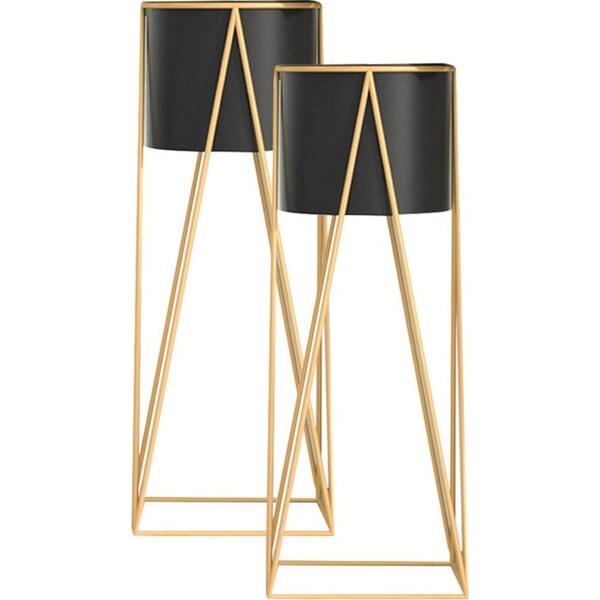 SOGA 2X 50cm Gold Metal Plant Stand with Black Flower Pot Holder Corner Shelving Rack Indoor Display