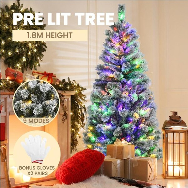 Costway 1.8M Pre-lit Christmas Tree Snowy Xmas Tree Mixed Fluffy Tips w/9 Modes Colourful Lights & Remote Office Party Xmas Home Decor