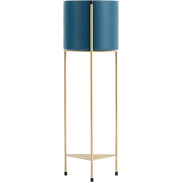 SOGA 2-Tier 65cm Gold Metal Plant Stand with Blue Flower Pot Holder