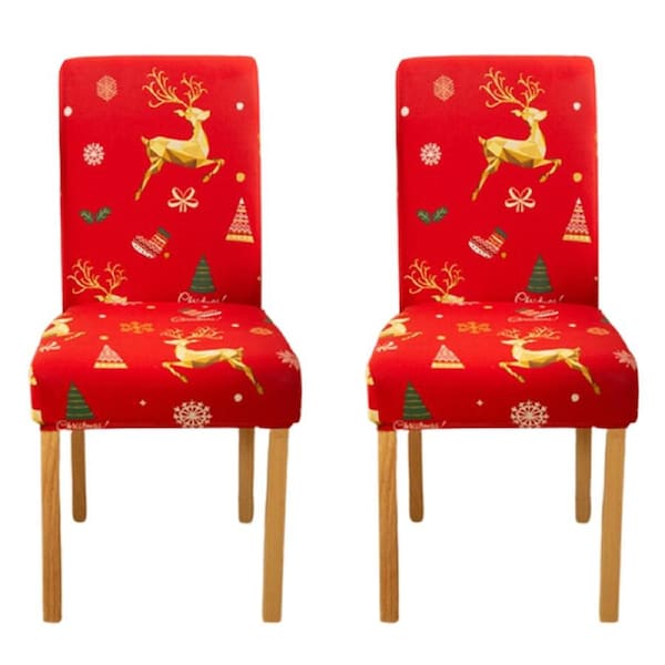 Christmas Dining Room Chair Covers Set of 2, Stretch Xmas Chair Slipcovers Protector, Spandex Washable Kitchen Parsons Chair Cover for Dining Room- Red Reindeer