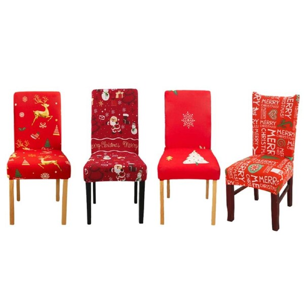 Christmas Dining Room Chair Covers Set of 4, Stretch Xmas Chair Slipcovers- Red Reindeer, Happy Christmas, Santa Claos, Little Christmas Tree