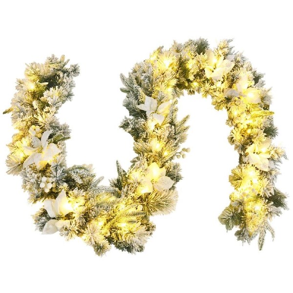 Costway 2.8M LED Christmas Garland Wreath Snowy PVC Hanging Ornaments w/Timer Wall Door Party Xmas Decor