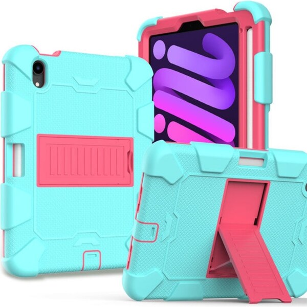 Catzon iPad Mini 6 Case Full-Body Shockproof Silicone Case With Pencil Holder-Aqua Hot Pink