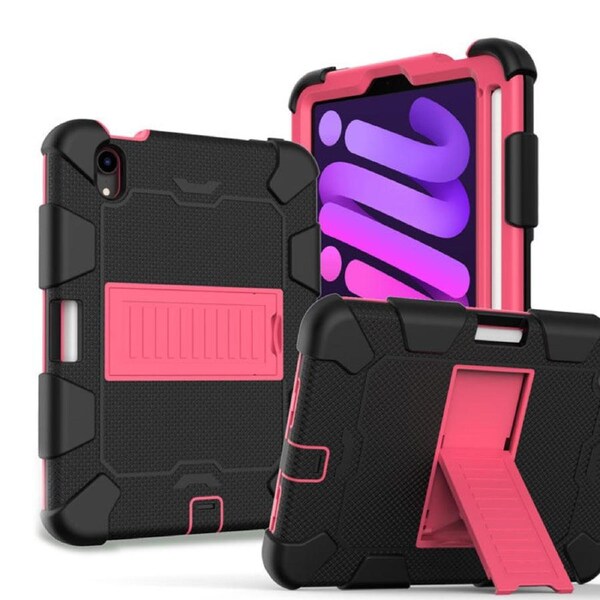 Catzon iPad Mini 6 Case Full-Body Shockproof Silicone Case With Pencil Holder-Black Hot Pink