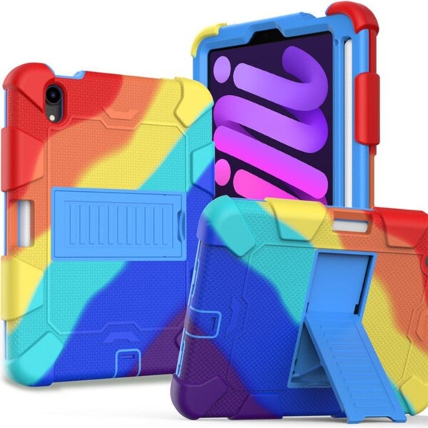 Catzon iPad Mini 6 Case Full-Body Shockproof Silicone Case With Pencil Holder-Rainbow Blue