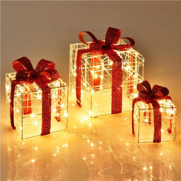 Costway 3-Pack Pre-Lit Christmas Decoration Xmas Gift Present Boxes 60 LED Lights Indoor Outdoor Decor