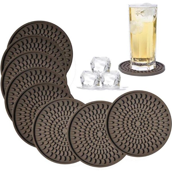 Catzon Silicone Drink Coasters Set of 8 Absorbent Rubber Coaster Jar Opener Heat Resistant Grips-Brown