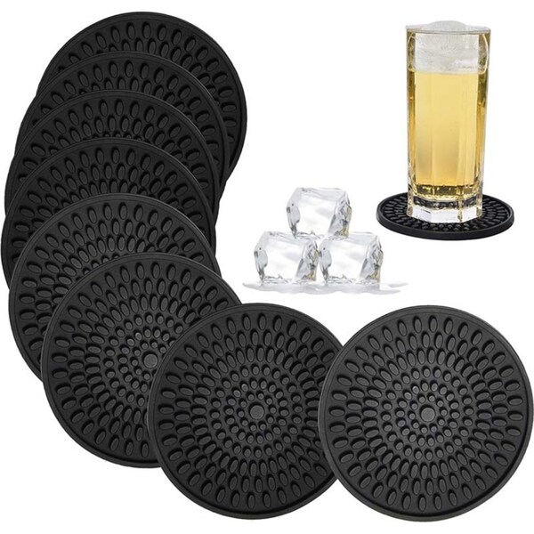 Catzon Silicone Drink Coasters Set of 8 Absorbent Rubber Coaster Jar Opener Heat Resistant Grips-Black