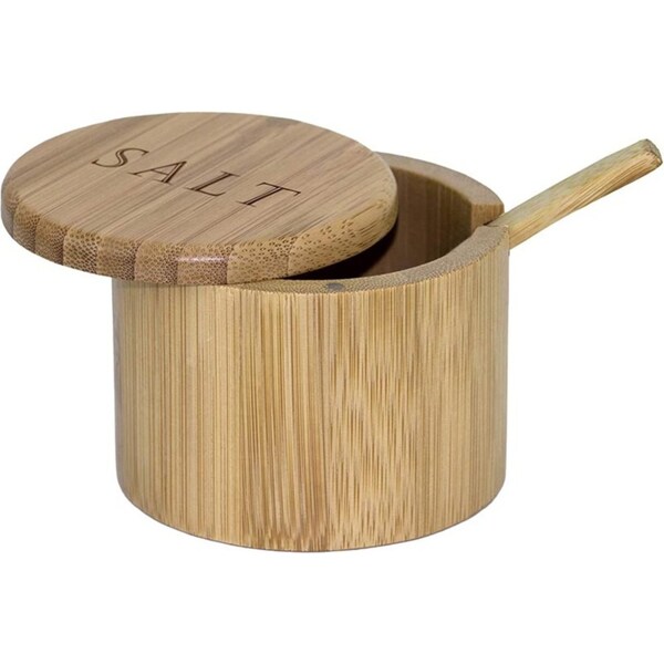 Catzon Totally Bamboo Salt Box Bamboo Storage Box with Magnetic Swivel Lid Salt Engraved on Lid with Bamboo Spoon