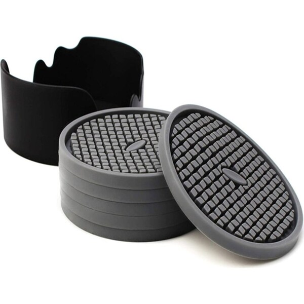 Catzon Silicone Drink Coasters Set of 6 in Holder for Drinks Insulation Absorbent Coaster Protect Cup-Gray