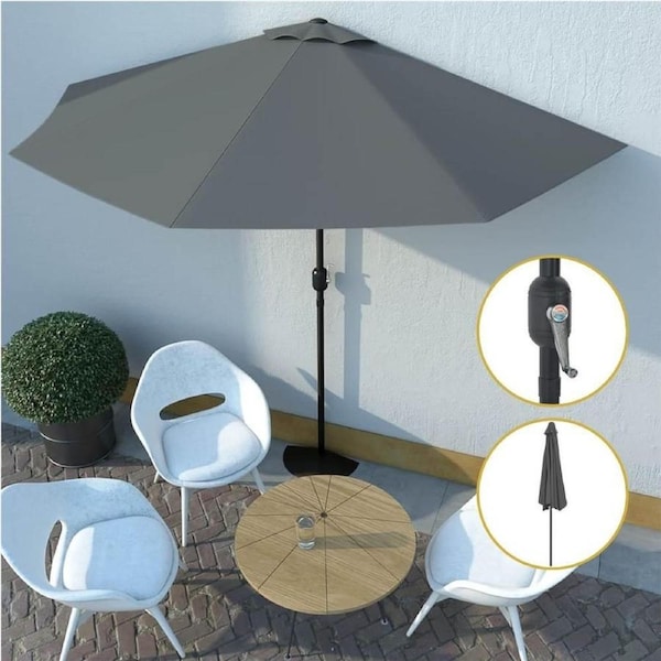 Half-Round Garden Parasol With Air Vent Canopy Crank Outdoor Umbrella Shade 3m