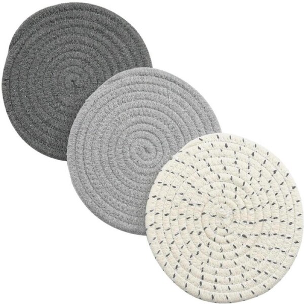 Catzon 3 Pcs Potholders Colorful Cotton Thread Weave Stylish Coasters Heat Insulation Table Mat by Diameter 18CM-Grey