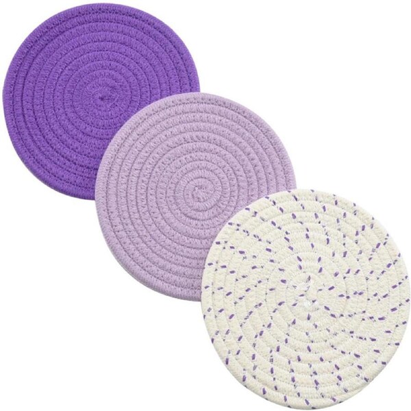 Catzon 3 Pcs Potholders Colorful Cotton Thread Weave Stylish Coasters Heat Insulation Table Mat by Diameter 18CM-Purple
