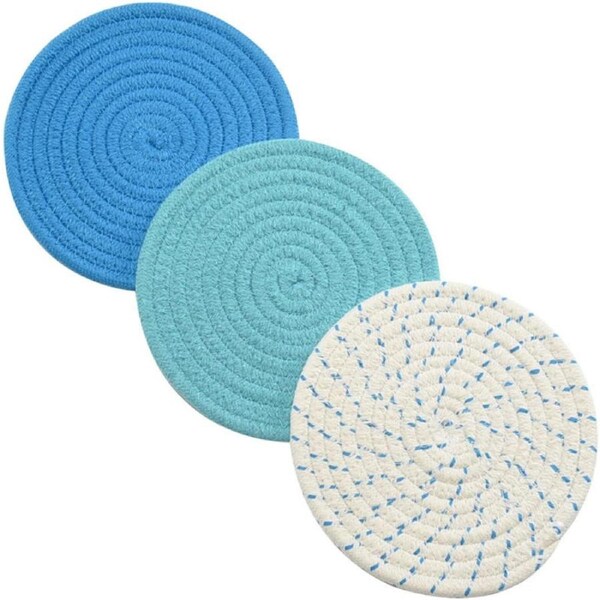 Catzon 3 Pcs Potholders Colorful Cotton Thread Weave Stylish Coasters Heat Insulation Table Mat by Diameter 18CM-Blue