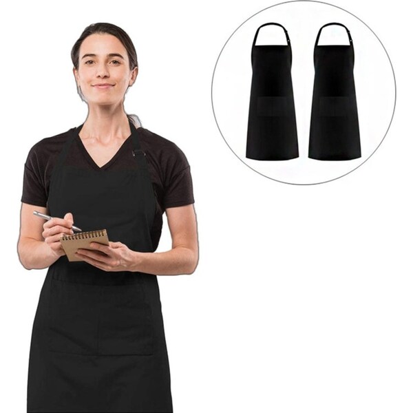 Catzon 2 Pack Adjustable Bib Apron Waterdrop Resistant with 2 Pockets Cooking Kitchen Aprons-Black