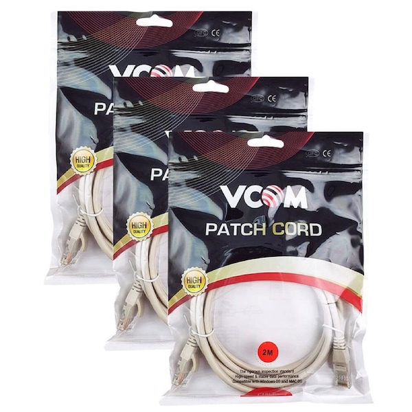 3x V-Com 2m UTP Cat5E Ethernet Cable 10/100Mbps Network LAN RJ45 Connector Grey