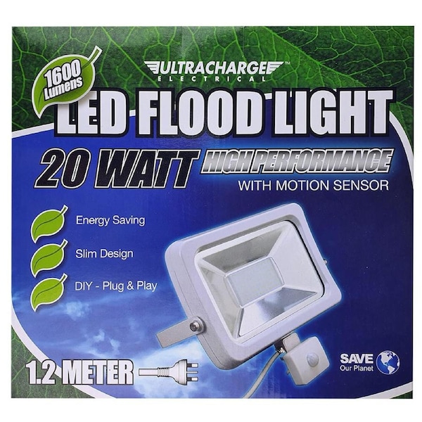 Ultracharge 22.3cm LED 20W Sensor Floodlight Outdoor Flood Light w/ Mount White