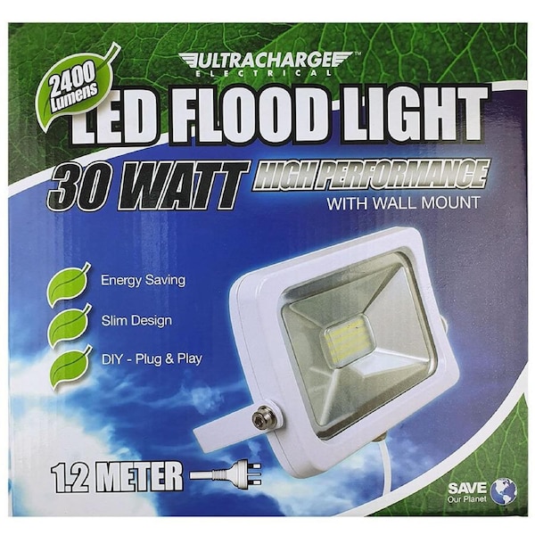 Ultracharge 30W LED Floodlight Cool White Wall Mounted Outdoor Flood Light WHT