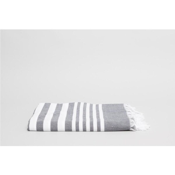 Turkish Beach Towel - Charcoal Striped with White Fringe