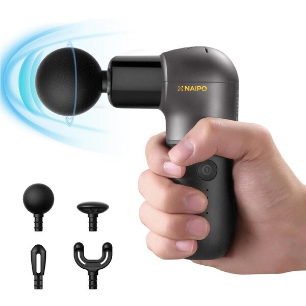 NAIPO BLACK MINI DEEP TISSUE PERCUSSION MASSAGE GUN - SUPER LIGHT AND PORTABLE, 5 SPEEDS, 4 INTERCHANGEABLE HEADS