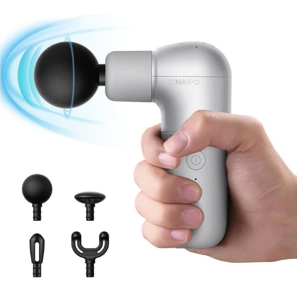 NAIPO SILVER MINI DEEP TISSUE PERCUSSION MASSAGE GUN - SUPER LIGHT AND PORTABLE, 5 SPEEDS, 4 INTERCHANGEABLE HEADS