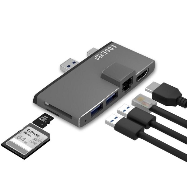 MBEAT Edge Pro Multifunction USB- C Hub for Microsoft Surface Pro 5/6 Metal Grey HDMI, LAN, USB 3.0 Hub, Card Reader