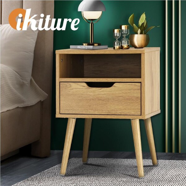Oikiture Bedside Tables Drawer Side Table Nightstand Bedroom Storage Cabinet Wood