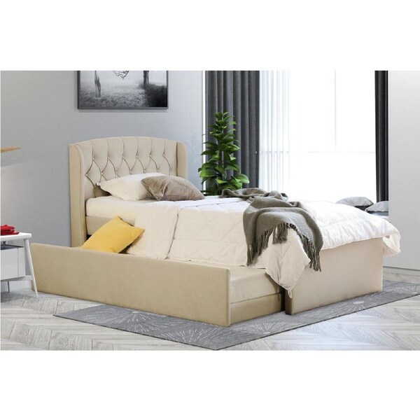 Istyle Dupont King Single Trundle Storage Bed Frame Fabric White Oak Beige