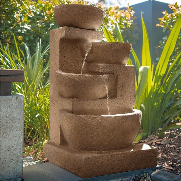 PROTEGE 4 Bowl Bird Bath Solar Water Fountain with LED Lights - Sand Colour