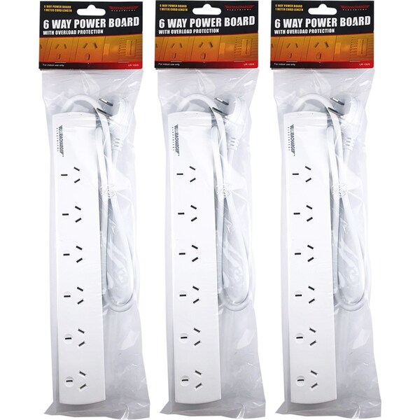 3x Ultracharge 6-Socket Standard Power Strip Board 1m Extension Outlet Socket WH