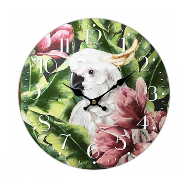 Clock French Country Wall Hanging Cockatoo Parrot 34cm