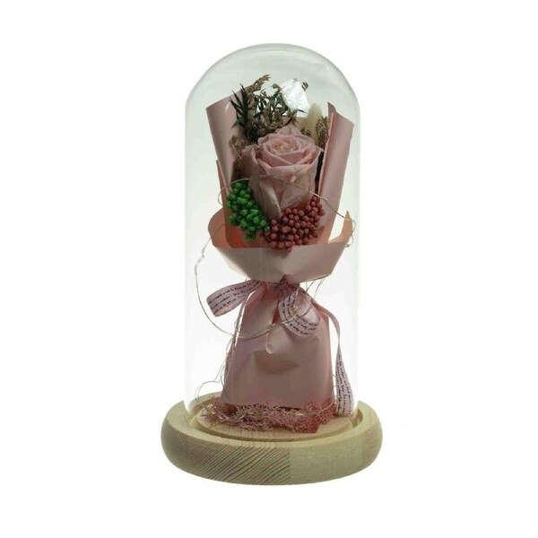 Glamorous Fusion Pink Floral Artificial Fake Plant Decorative 21cm In Glass Dome