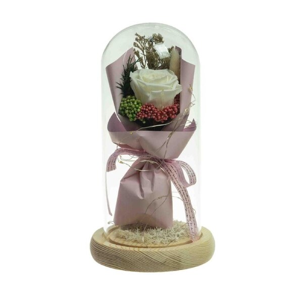 Glamorous Fusion Cream Floral Artificial Fake Plant Decorative 21cm In Glass Dome
