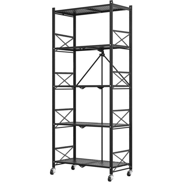 SOGA 5 Tier Steel Black Foldable Display Stand Multi-Functional Shelves Portable Storage Organizer with Wheels