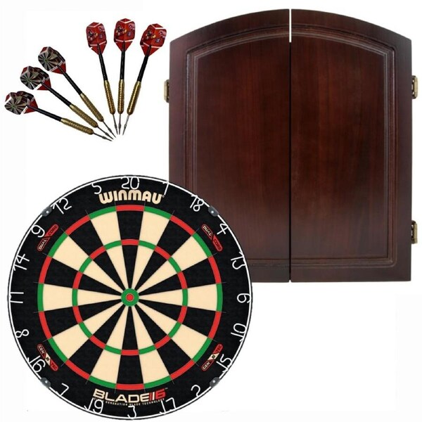 Winmau Blade 6 DUAL CORE Dart Board + Solid Wood Cherry Cabinet + Darts Set