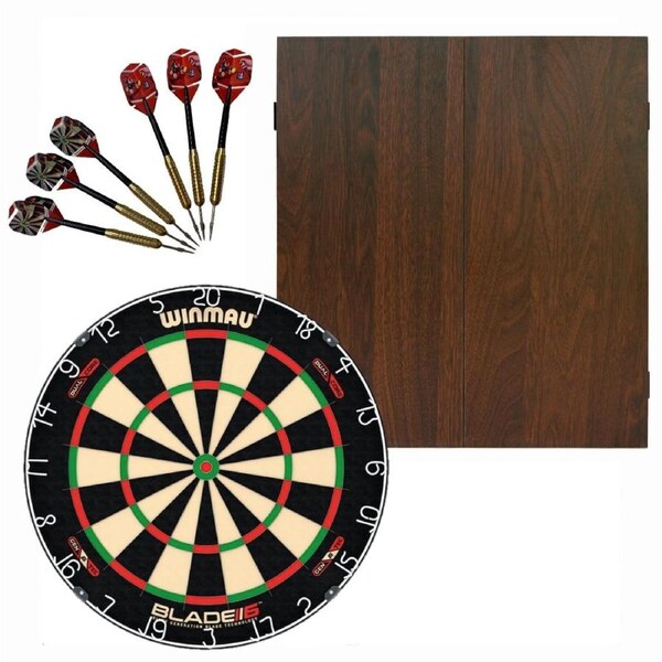 Winmau Blade 6 DUAL CORE Dart Board + Walnut Cabinet + Darts Set