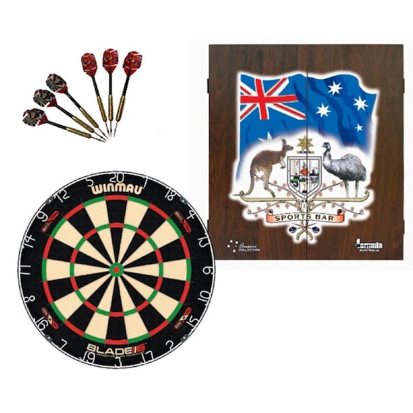 Winmau Blade 6 DUAL CORE Dart Board + Sports Bar Cabinet + Darts Set